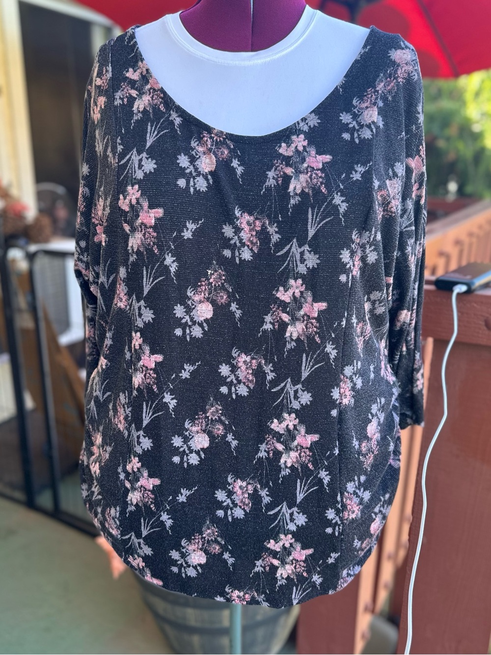 Vintage Faded Glory Black Long-Sleeve Scoop Neck Top with Pink Floral Print